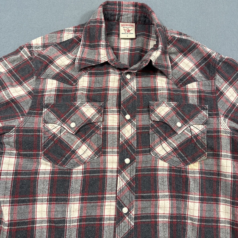 True Religion Flannel Western Shirt Mens LARGE Plaid Pearl Snap Button L/S